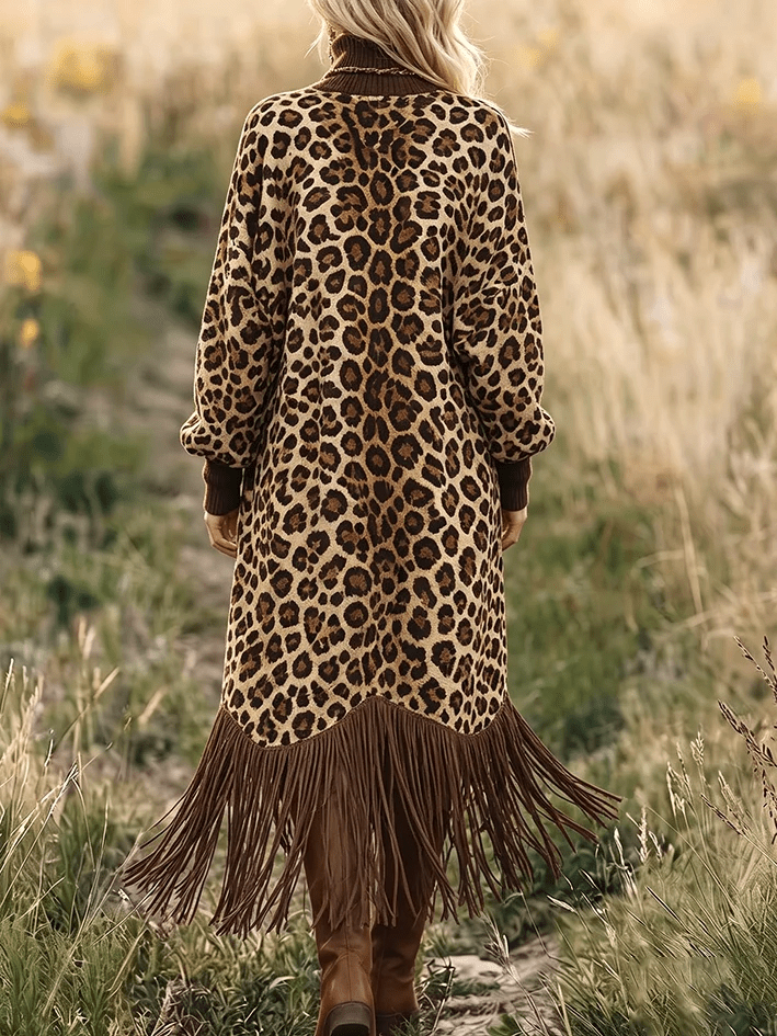 Vestido midi de leopardo con flecos
