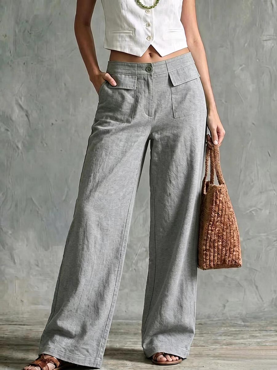Pantalón ancho de algodón y lino de tiro alto