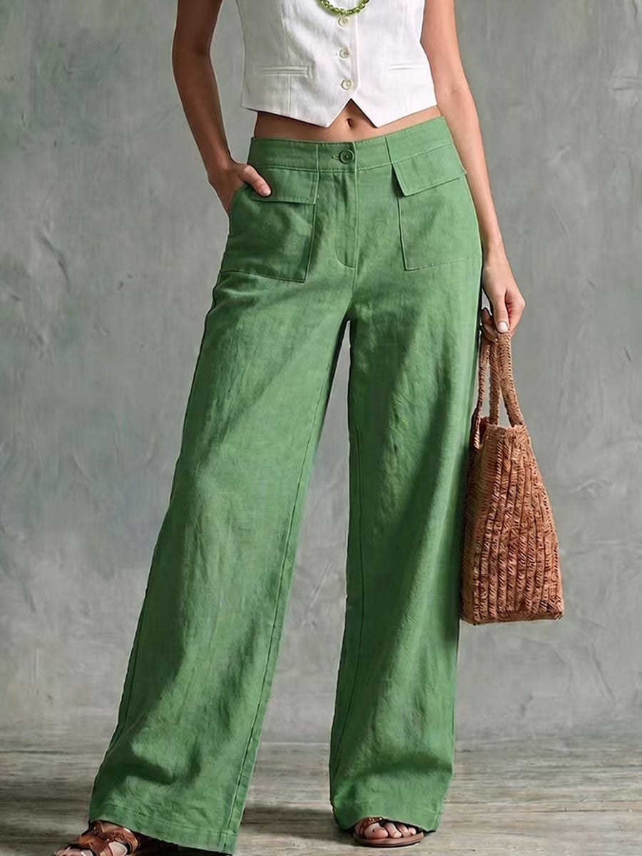 Pantalón ancho de algodón y lino de tiro alto