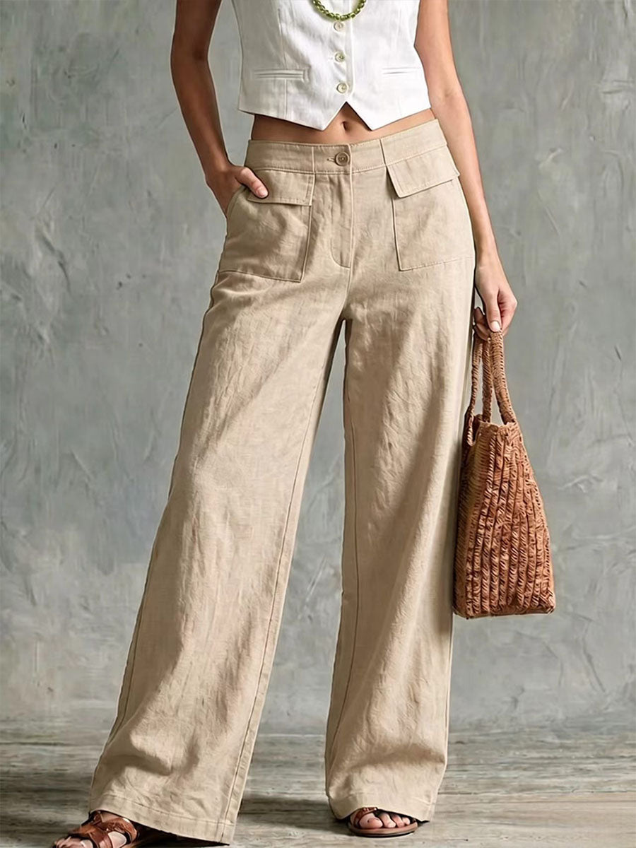Pantalón ancho de algodón y lino de tiro alto