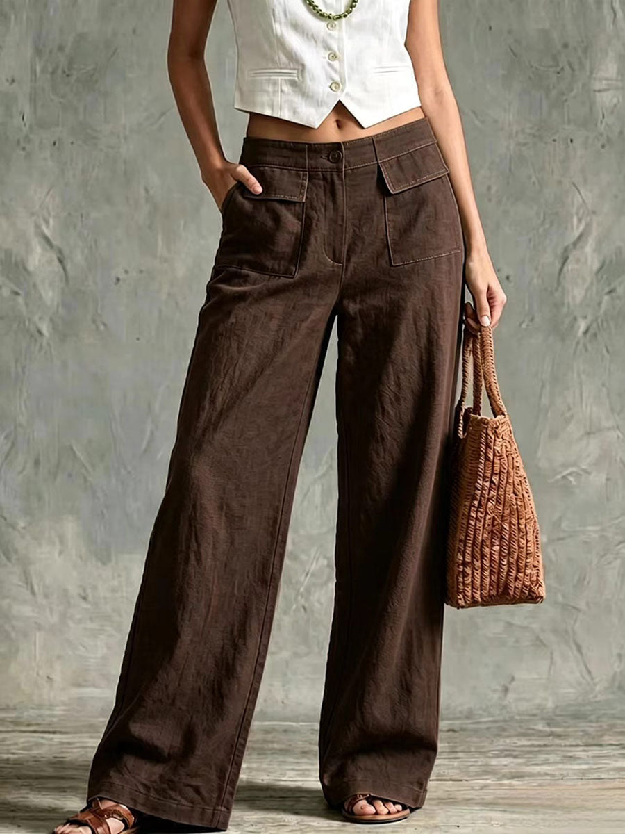 Pantalón ancho de algodón y lino de tiro alto