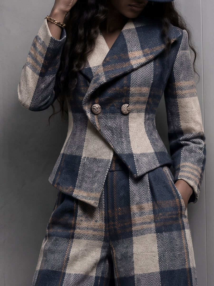 Blazer cruzado de cuadros con pantalón a juego
