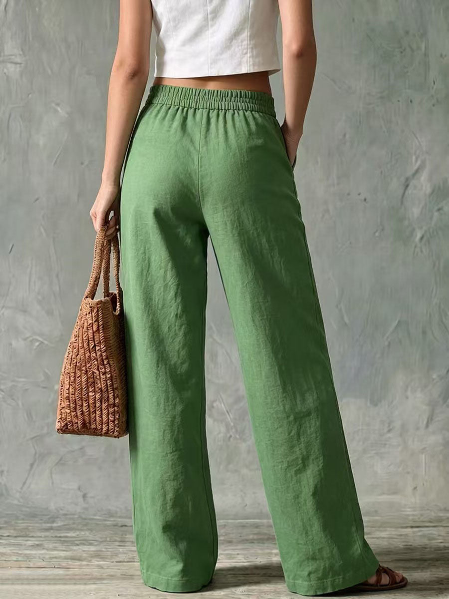 Pantalón ancho de algodón y lino de tiro alto