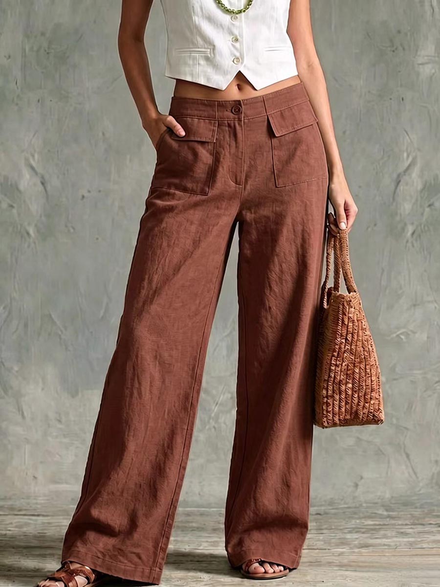 Pantalón ancho de algodón y lino de tiro alto