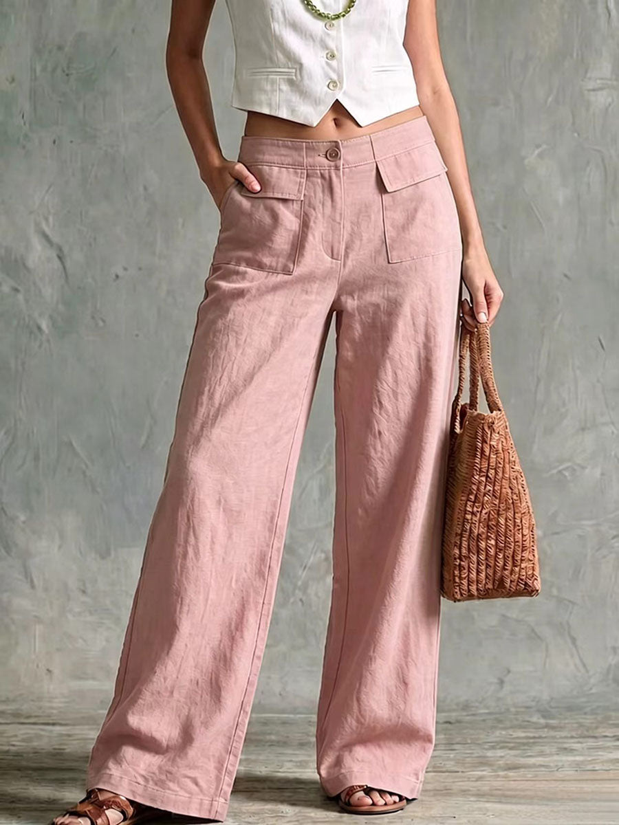 Pantalón ancho de algodón y lino de tiro alto