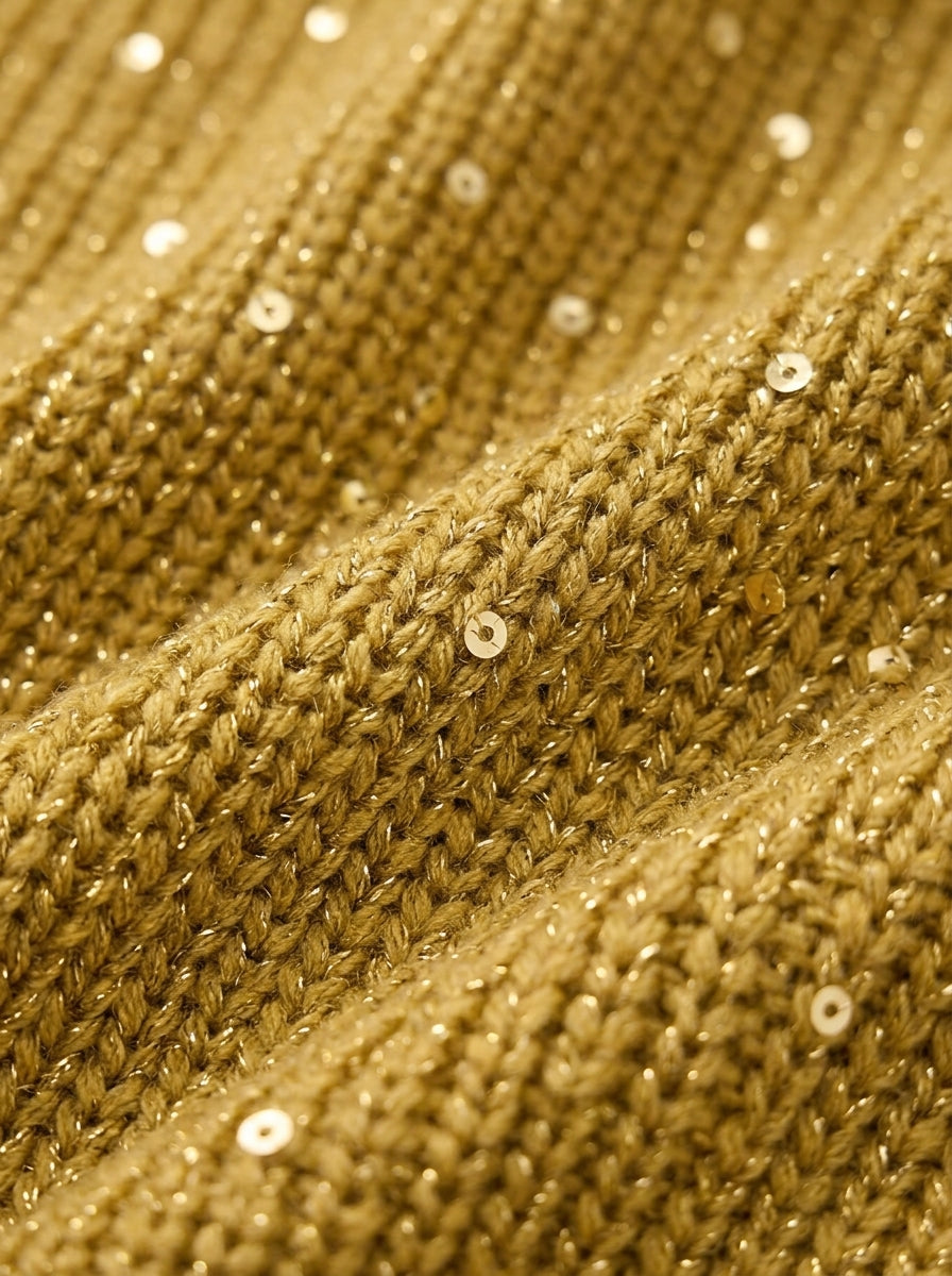 Cárdigan Isadora dorado, detalle del tejido con lentejuelas