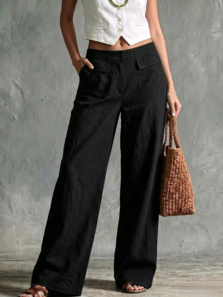Pantalón ancho de algodón y lino de tiro alto