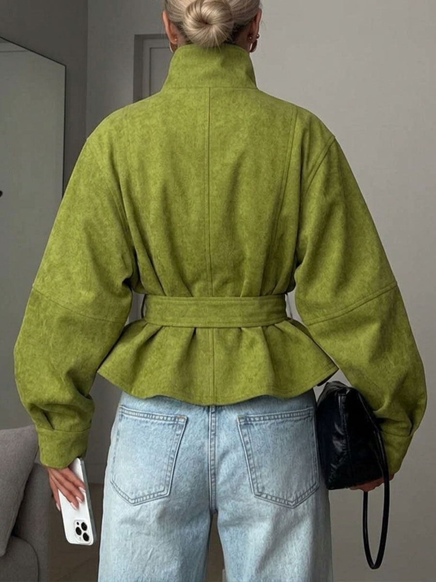 Chaqueta de antelina con cuello alzado y mangas abullonadas