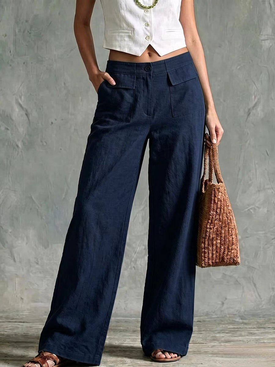 Pantalón ancho de algodón y lino de tiro alto