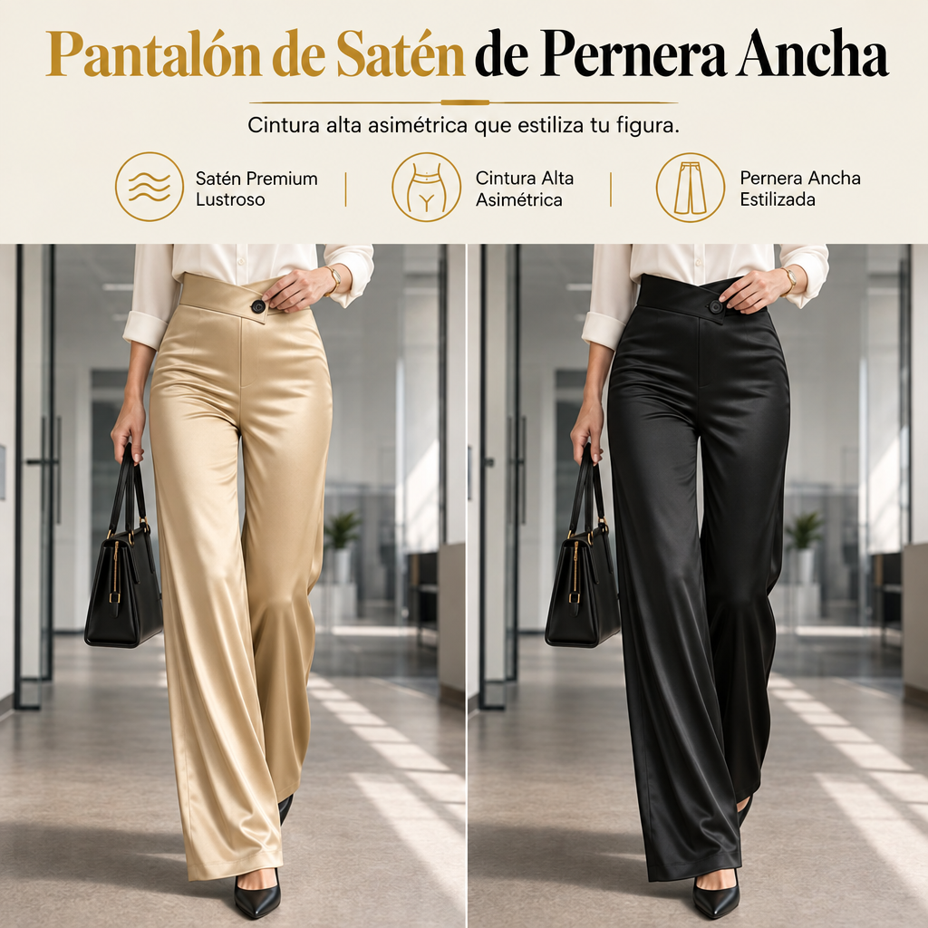 Pantalón ancho de satén de tiro alto con cintura asimétrica