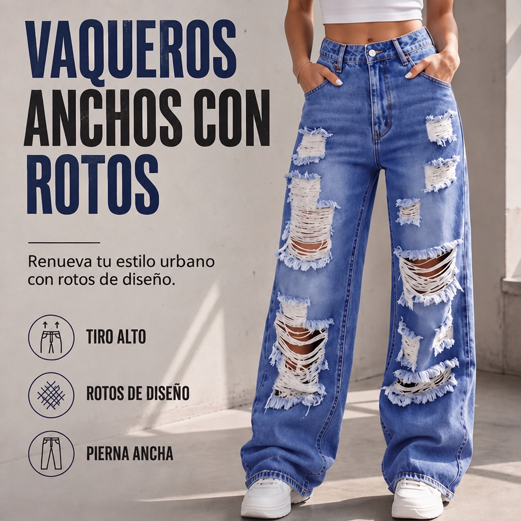 Vaqueros anchos de tiro alto con rotos para mujer