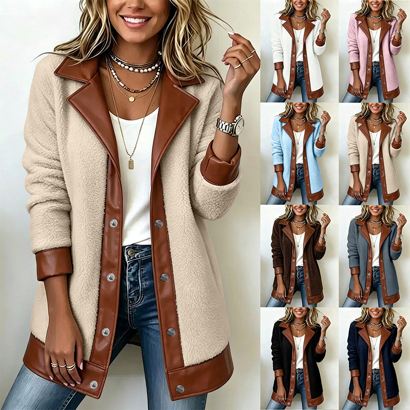 Chaqueta de pelo con detalles de piel sintética y cuello de solapa para mujer