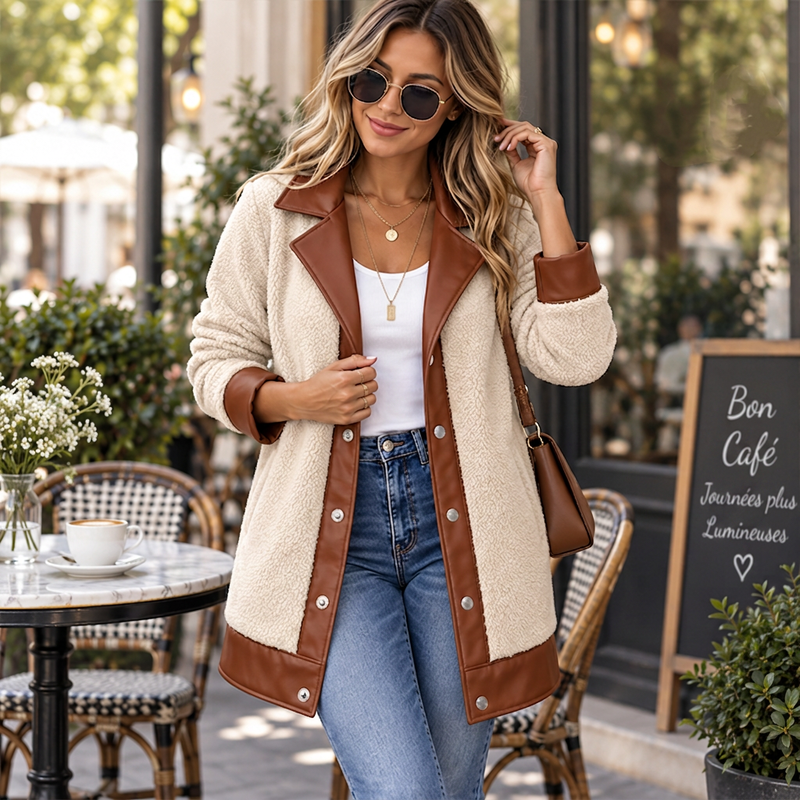 Chaqueta de pelo con detalles de piel sintética y cuello de solapa para mujer