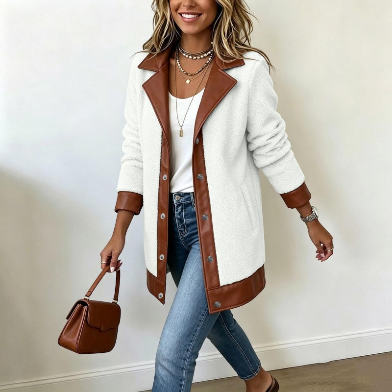 Chaqueta de pelo con detalles de piel sintética y cuello de solapa para mujer