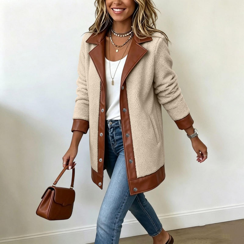 Chaqueta de pelo con detalles de piel sintética y cuello de solapa para mujer