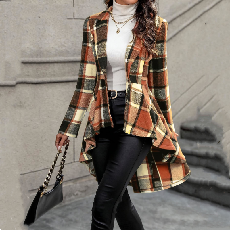 Abrigo peplum de cuadros con bajo asimétrico para mujer