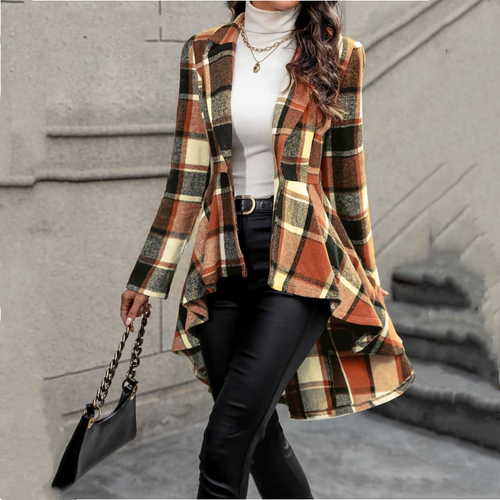 Abrigo peplum de cuadros con bajo asimétrico para mujer