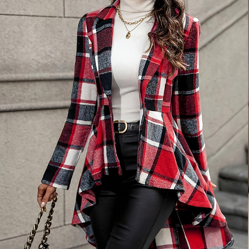 Abrigo peplum de cuadros con bajo asimétrico para mujer