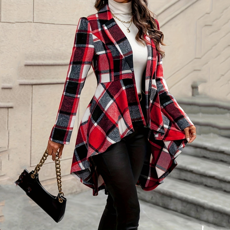 Abrigo peplum de cuadros con bajo asimétrico para mujer