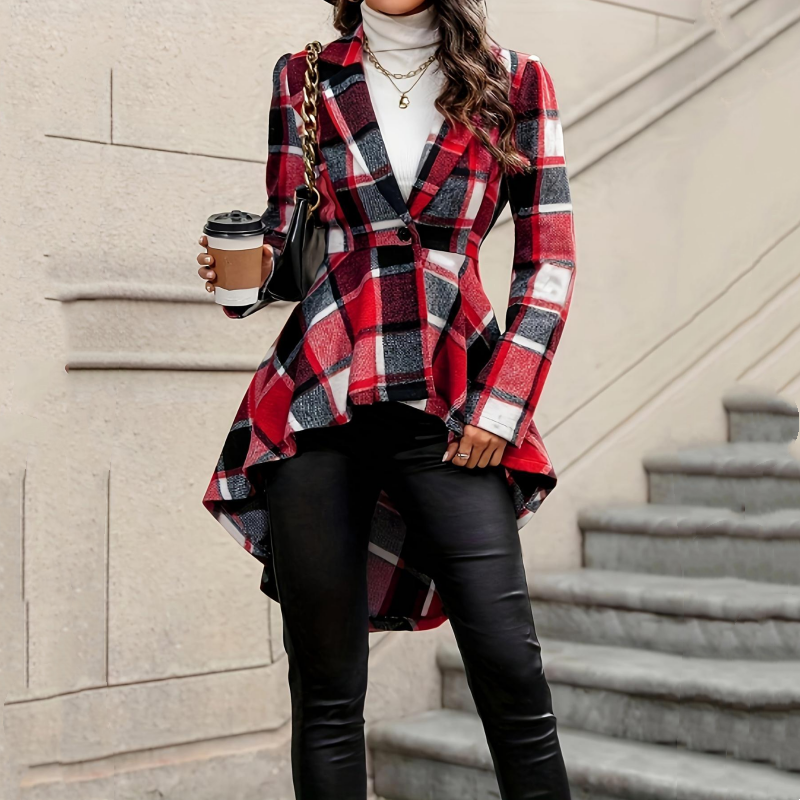 Abrigo peplum de cuadros con bajo asimétrico para mujer