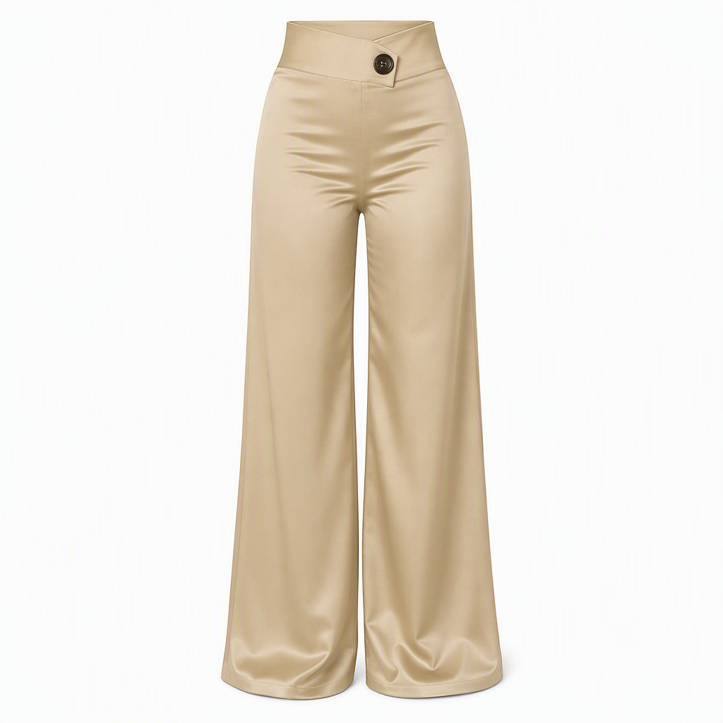 Pantalón ancho de satén de tiro alto con cintura asimétrica