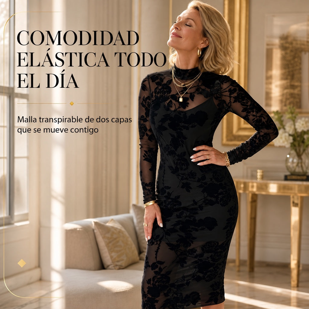 Conjunto de 2 piezas: vestido midi de malla estampada con combinación