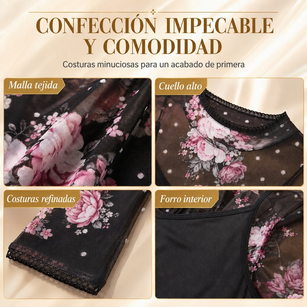 Conjunto de 2 piezas: vestido midi de malla estampada con combinación