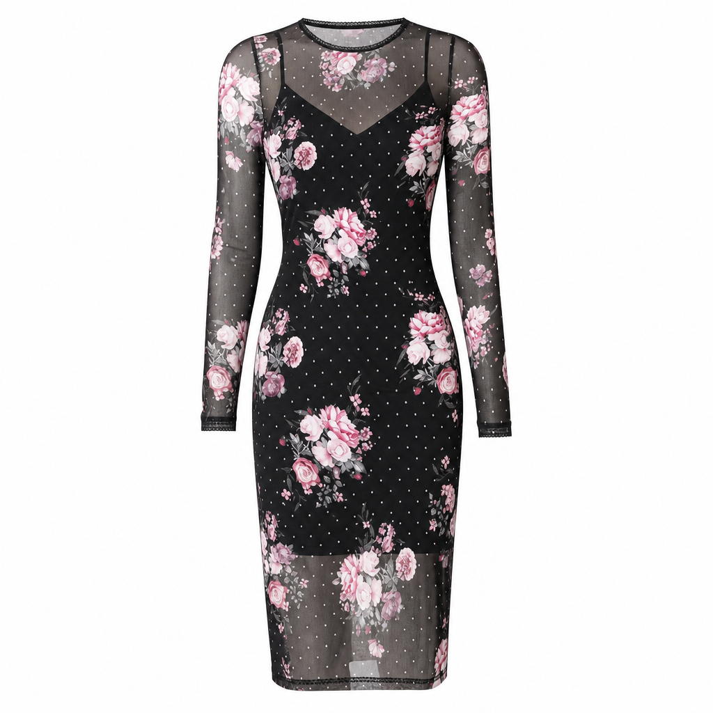 Conjunto de 2 piezas: vestido midi de malla estampada con combinación