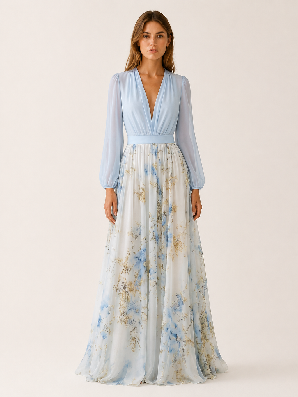 Vestido largo floral con escote en V y mangas transparentes