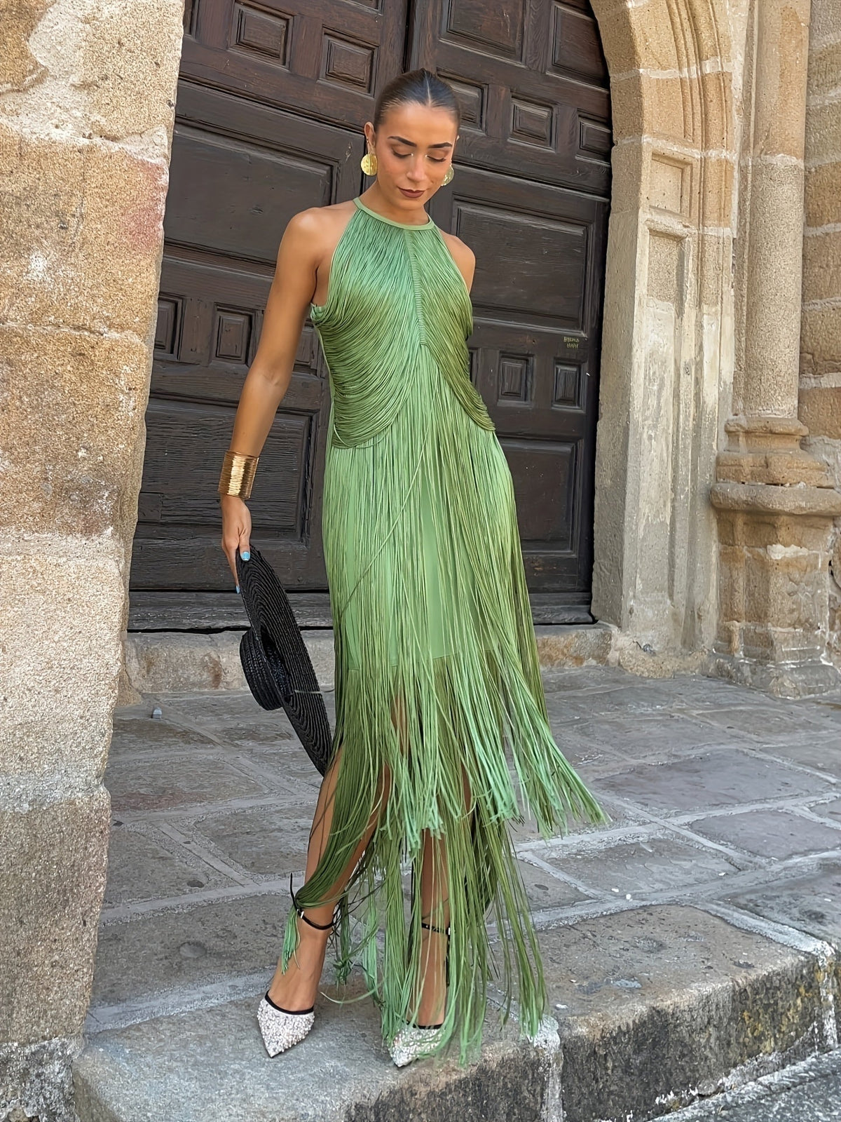 Vestido Purificación de flecos con cuello halter