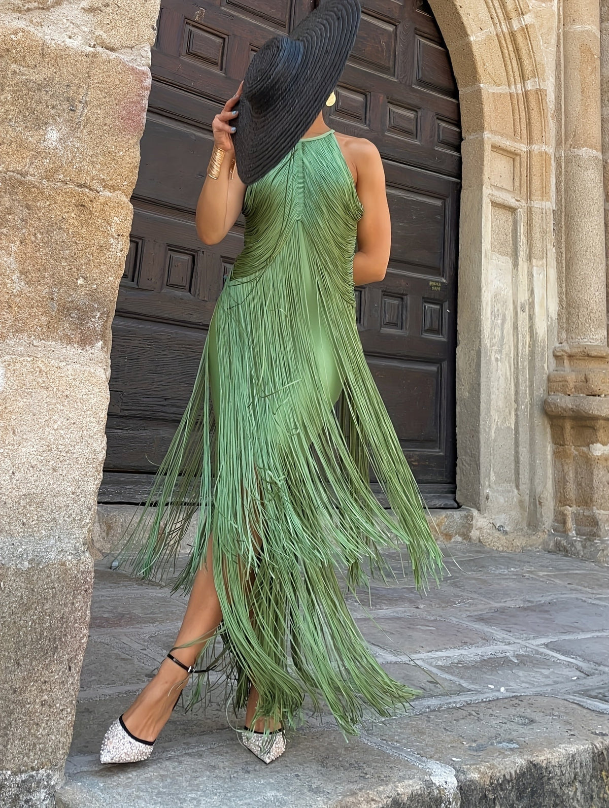 Vestido Purificación de flecos con cuello halter