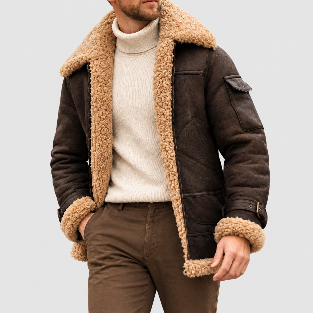 Chaqueta aviador de ante con cuello de borrego